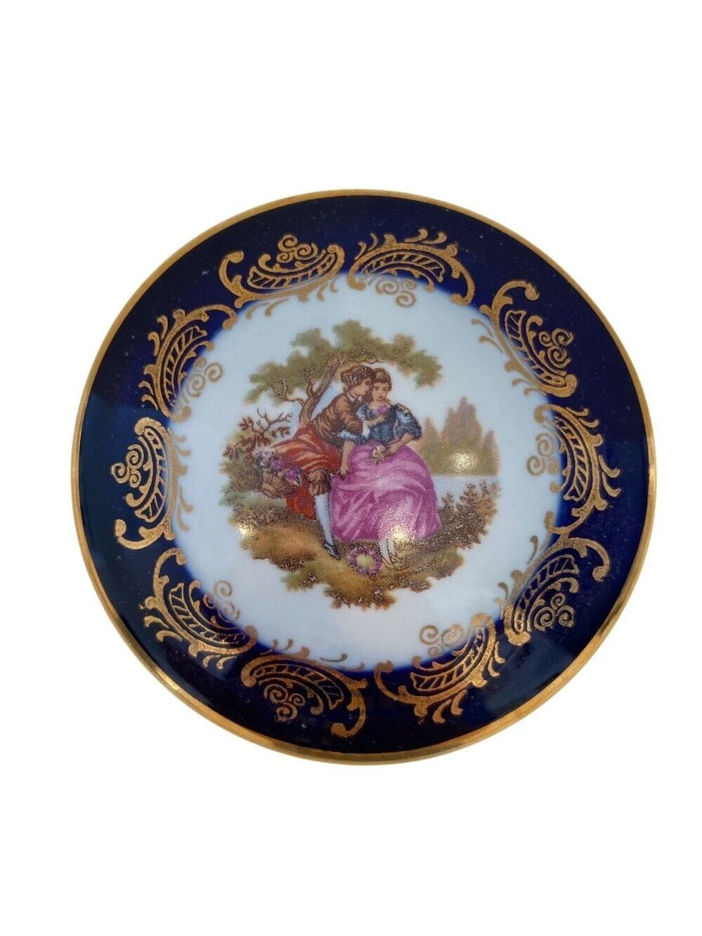 Vintage Limoges Round Porcelain Jewelry Box With Romantic Scene & Gold Detailing